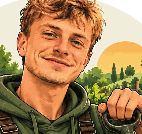 Portrait illustré d’Emeric, fondateur d’Emelaterre, dans un potager